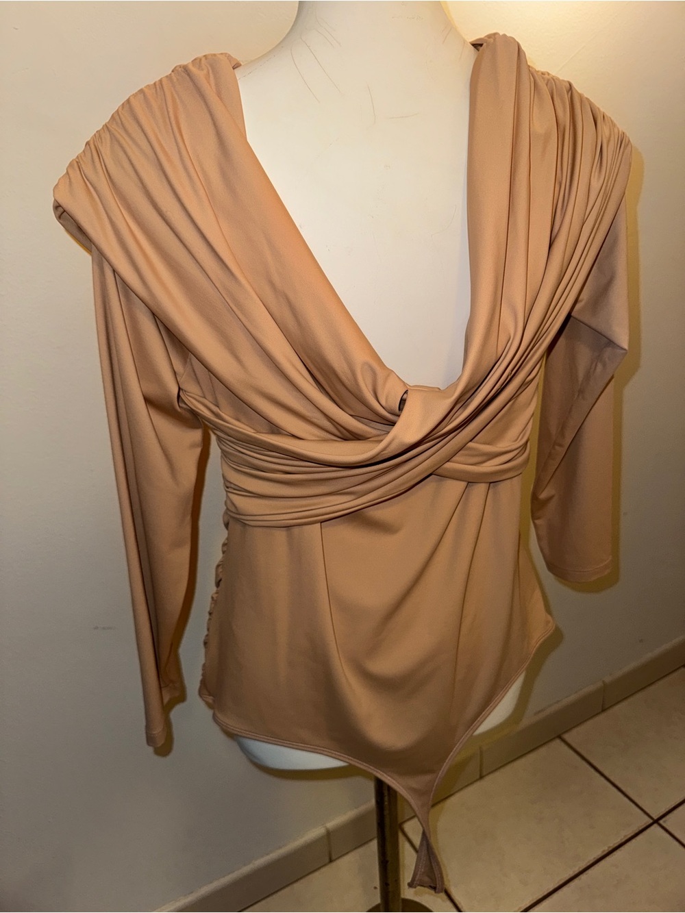 Draped V-Neck Long Sleeve Bodysuit in Nude